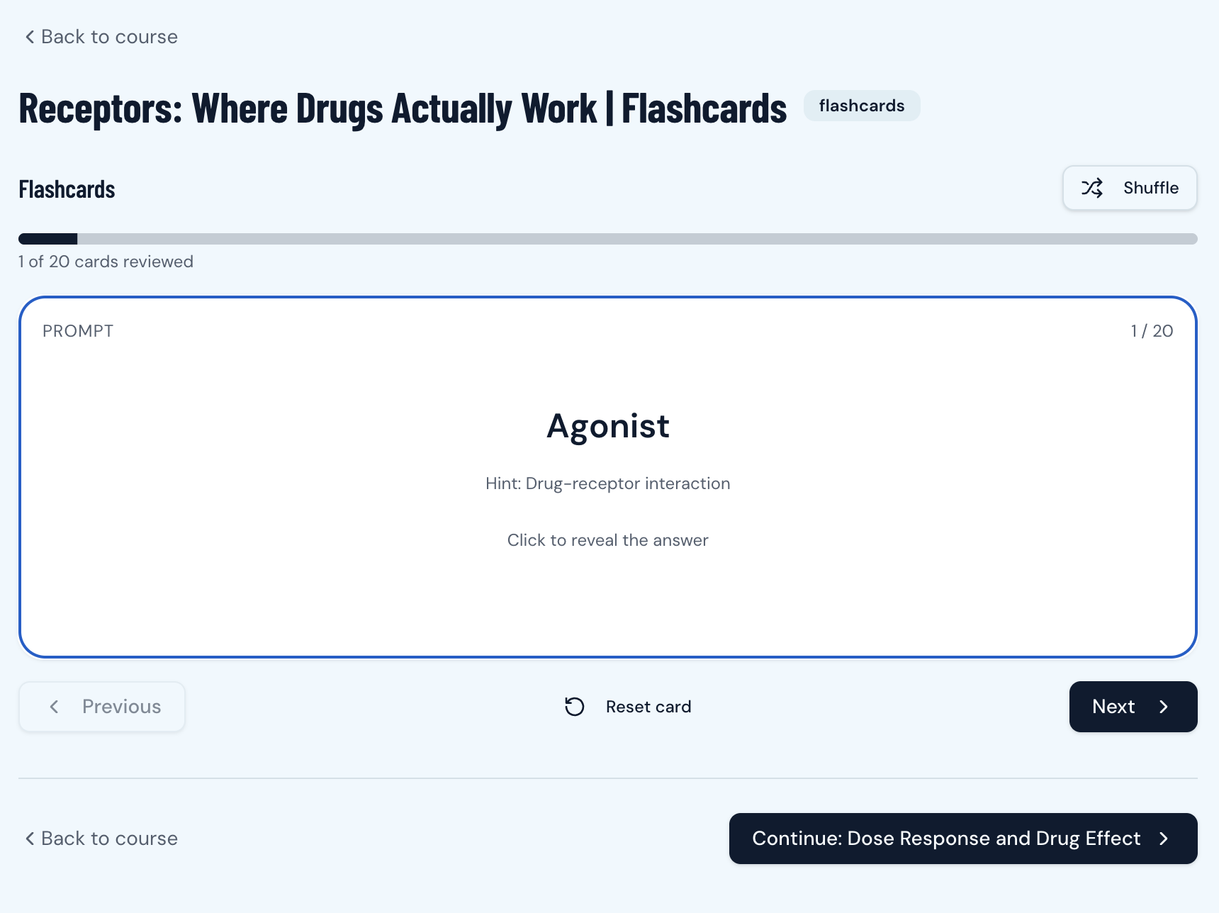Flashcard prompt asking about the term agonist with a hint