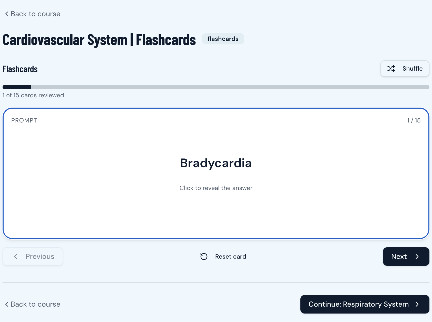 Flashcard prompt showing the term bradycardia