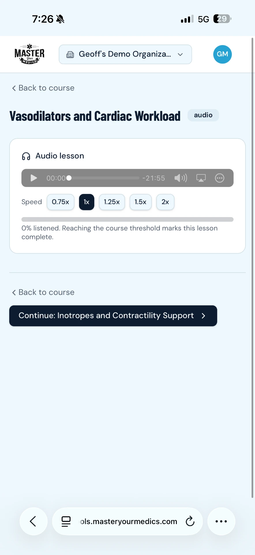 Audio lesson player with speed controls and listening progress