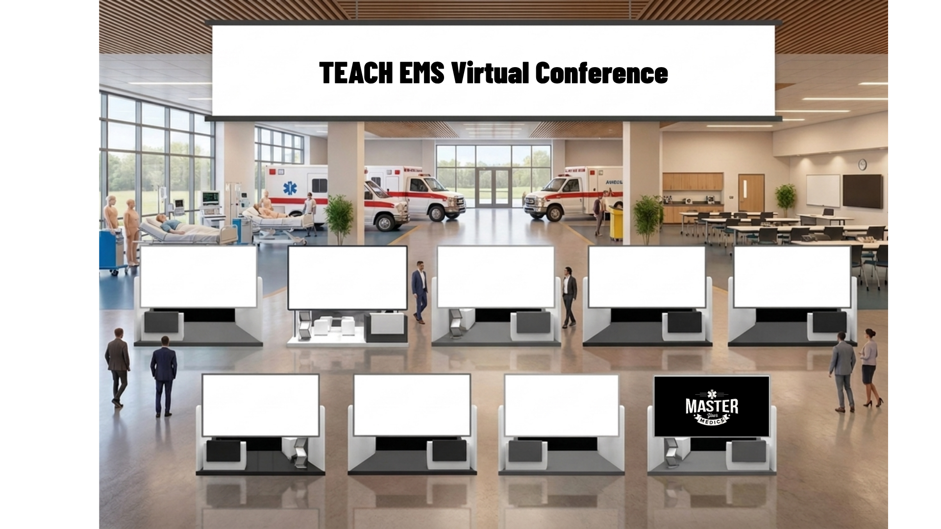 Virtual expo hall for the TEACH EMS Virtual Conference with sponsor booth screens