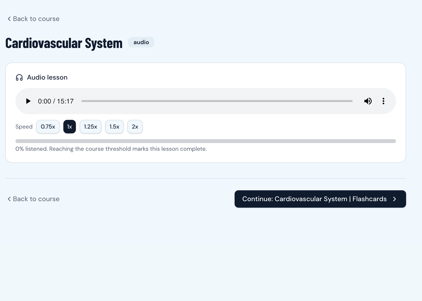 Audio lesson player for the cardiovascular system with playback speed options and listening progress