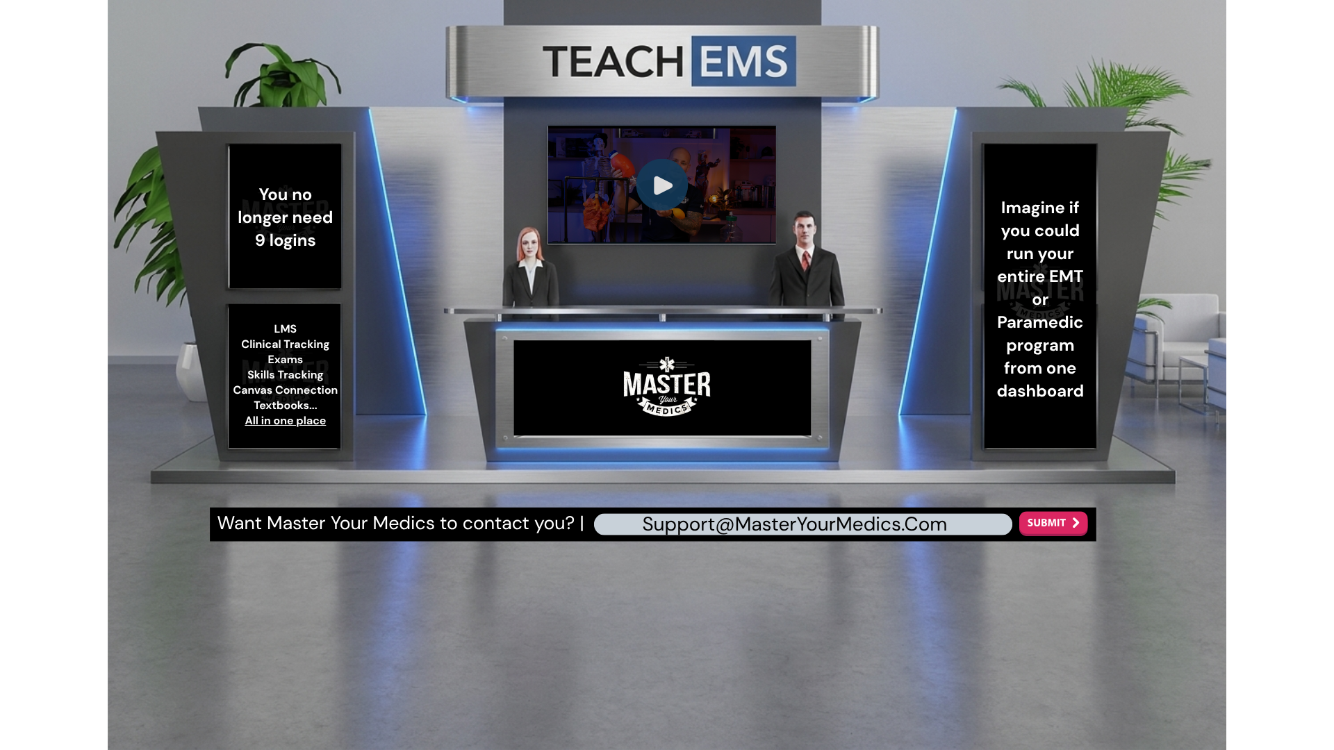 Example virtual sponsor booth with logo, video, message panels and a contact form