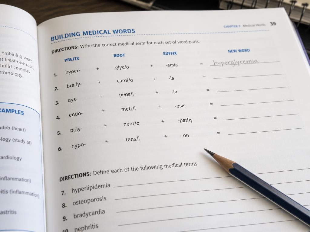 Workbook page showing word building exercises with prefixes, roots and suffixes